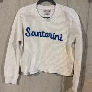 Sincerly Jules 100% Cotton White Crew Sweater with Blue 'Santorini' Script